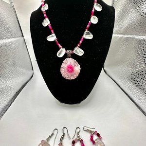 16" Pink Quartz Geode Gemstone Beaded Necklace and Earrings